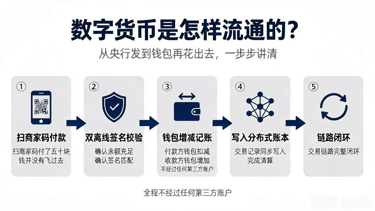 数字货币是怎样流通的？从央行发到钱包再花出去，一步步讲清